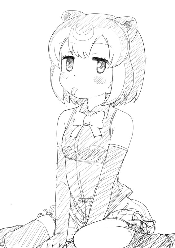1girl, animal_ears, artist_request, asymmetrical_legwear, bear_ears, between_legs, blush_stickers, breasts