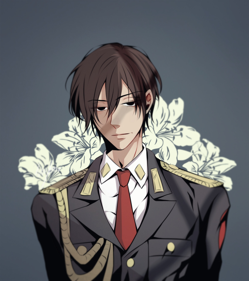 1boy, acca_13-ku_kansatsu-ka, black_eyes, brown_hair, delight_hsia, flower, grey_background, highres