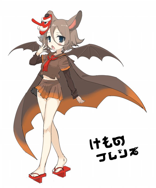 1girl, animal_ears, artist_request, ascot, bare_legs, bat_ears, bat_girl, bat_wings, blue_eyes, blush, brown_hair, brown_shirt, brown_skirt, cape, collar, commentary_request, copyright_name, eyebrows_visible_through_hair, eyelashes, facial_hair, fang, full_body, geta, hair_between_eyes, hand_up, hilgendorf's_tube-nose_bat_(kemono_friends), jitome, kemono_friends, long_nose, looking_at_viewer, mask, mask_on_head, midriff_peek, miniskirt, mustache, official_art, open_mouth, pleated_skirt, red_geta, sailor_collar, sandals, shirt, short_hair, short_over_long_sleeves, simple_background, skirt, sleepy, solo, tengu_mask, walking, white_background, wings, yawning