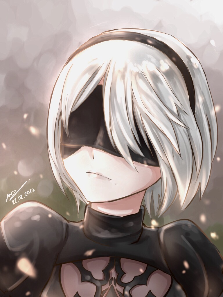 1girl, black_dress, blindfold, breasts, dress, hairband, llws, mole, mole_under_mouth, nier_(series), nier_automata, puffy_sleeves, short_hair, silver_hair, solo, yorha_no._2_type_b