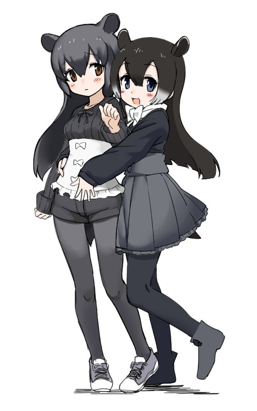 2girls, :d, animal_ears, ankle_boots, artist_request, black_hair, black_legwear, black_ribbon