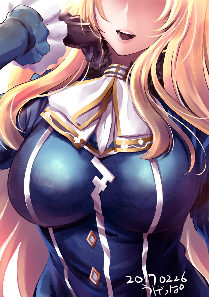 1girl, 2017, artist_name, atago_(kantai_collection), black_gloves, blonde_hair, breasts, commentary_request