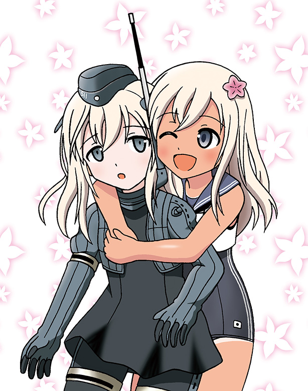 2girls, ;d, floral_background, flower, garrison_cap, grey_eyes, hair_flower, hair_ornament