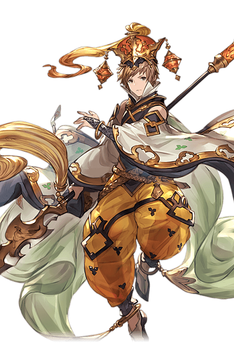 1boy, alpha_transparency, apsaras_(granblue_fantasy), bridal_gauntlets, brown_eyes, brown_hair, detached_sleeves, floating, full_body, gran_(granblue_fantasy), granblue_fantasy, hat, leotard, looking_at_viewer, male_focus, minaba_hideo, official_art, puffy_pants, see-through, shoes, short_hair, solo, staff, transparent_background