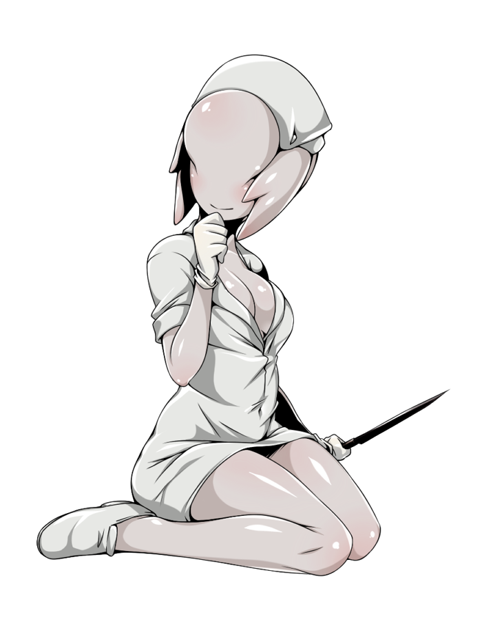 1girl, breasts, bubble_head_nurse, cleavage, full_body, gloves, grey_skin, hat