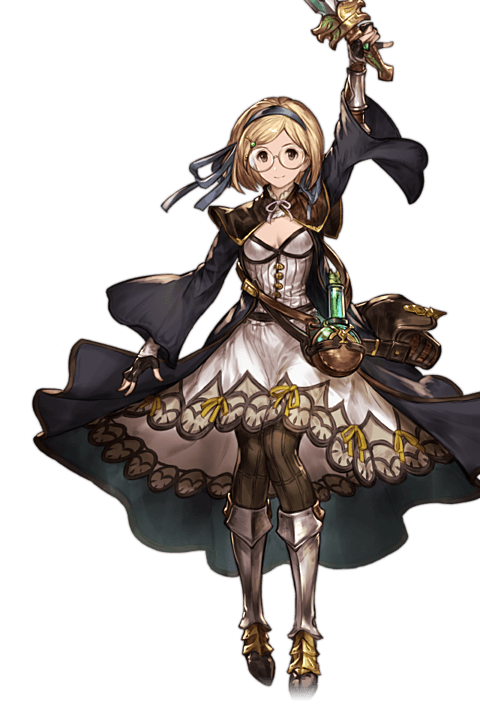 1girl, alchemist_(granblue_fantasy), arms_up, bag, bespectacled, blonde_hair, bow, bowtie