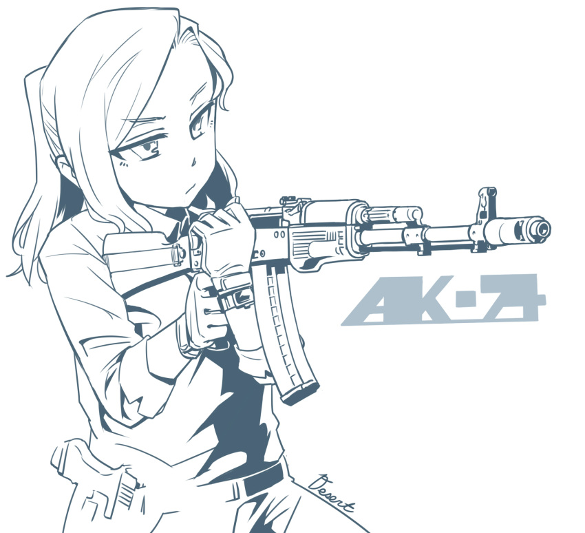 1girl, air_glen, ak-74, assault_rifle, gloves, gun, handgun, highres, monochrome, original, pistol, ponytail, rifle, weapon