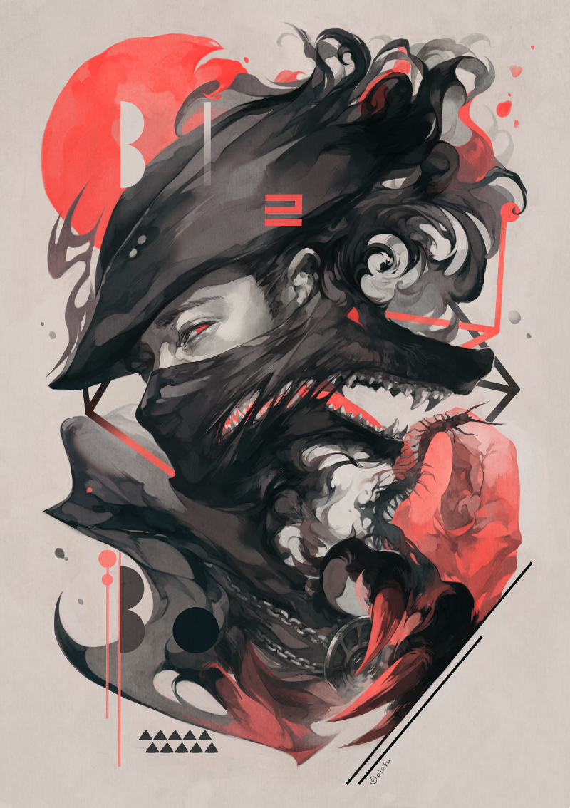 1boy, animal, black_hair, bloodborne, covering_mouth, darkness, hat, hunter_(bloodborne)