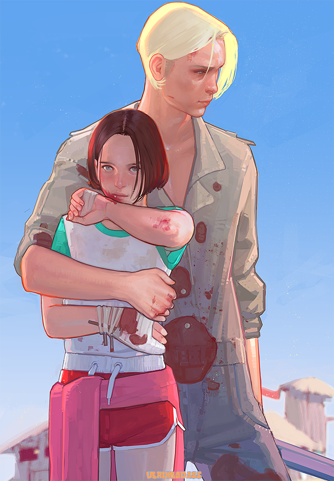 2boys, artist_name, bandage, blonde_hair, blood, blue_sky, cowboy_shot, john_doe_(rustfiends)