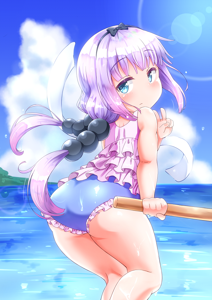 1girl, ass, bangs, bare_shoulders, beach, beads, black_bow, black_hairband, blue_eyes, blue_sky, blue_swimsuit, blunt_bangs, blush, bow, casual_one-piece_swimsuit, closed_mouth, clouds, cloudy_sky, cowboy_shot, day, eyebrows_visible_through_hair, frilled_swimsuit, frills, from_behind, gradient, gradient_hair, hair_beads, hair_bow, hair_ornament, hairband, hand_up, holding, jitome, kanna_kamui, kobayashi-san_chi_no_maidragon, lavender_hair, legs_together, long_hair, looking_at_viewer, looking_back, low_twintails, multicolored_hair, no_tail, ocean, one-piece_swimsuit, outdoors, pengin_maru, purple_hair, shiny, shiny_clothes, sky, solo, sunlight, swimsuit, twintails, twisted_neck, v, water, white_hair