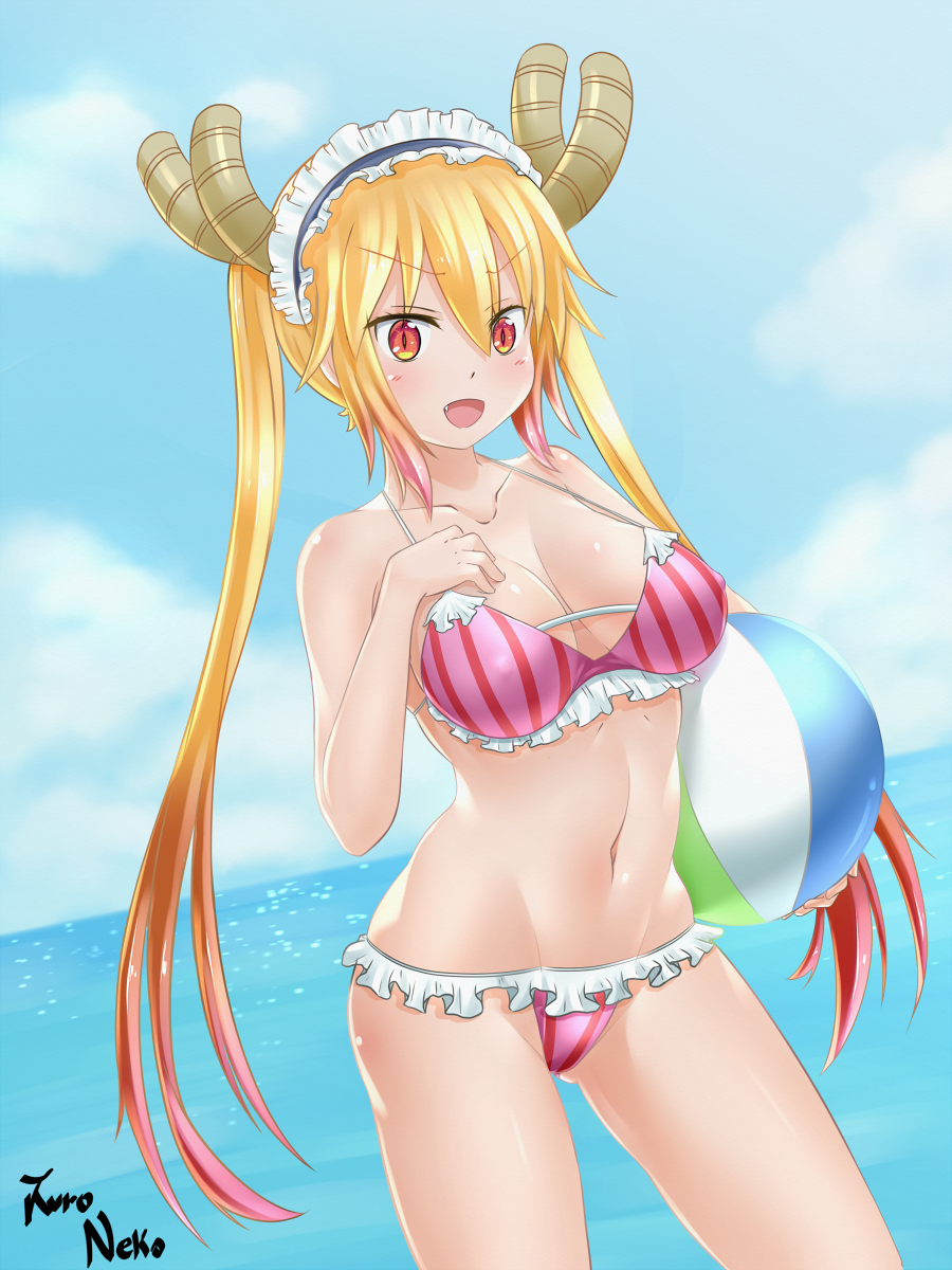 1girl, :d, artist_name, ball, bangs, bare_arms, bare_legs, bare_shoulders, beach, beachball, bikini, blonde_hair, blue_sky, breasts, breasts_apart, butt_crack, clouds, cloudy_sky, collarbone, day, dragon_girl, dragon_horns, erect_nipples, eyebrows_visible_through_hair, fang, frilled_bikini, frills, gradient, gradient_hair, groin, hair_between_eyes, hand_on_breast, hand_on_own_chest, hand_up, highres, holding, holding_ball, horns, kobayashi-san_chi_no_maidragon, kuro_neko_7, large_breasts, legs_apart, long_hair, looking_at_viewer, maid_headdress, medium_breasts, midriff, multicolored_hair, navel, no_tail, ocean, open_mouth, orange_eyes, orange_hair, redhead, sidelocks, sky, slit_pupils, smile, solo, stomach, strap_gap, striped, swimsuit, tooru_(maidragon), twintails, vertical-striped_bikini, vertical_stripes, very_long_hair, water