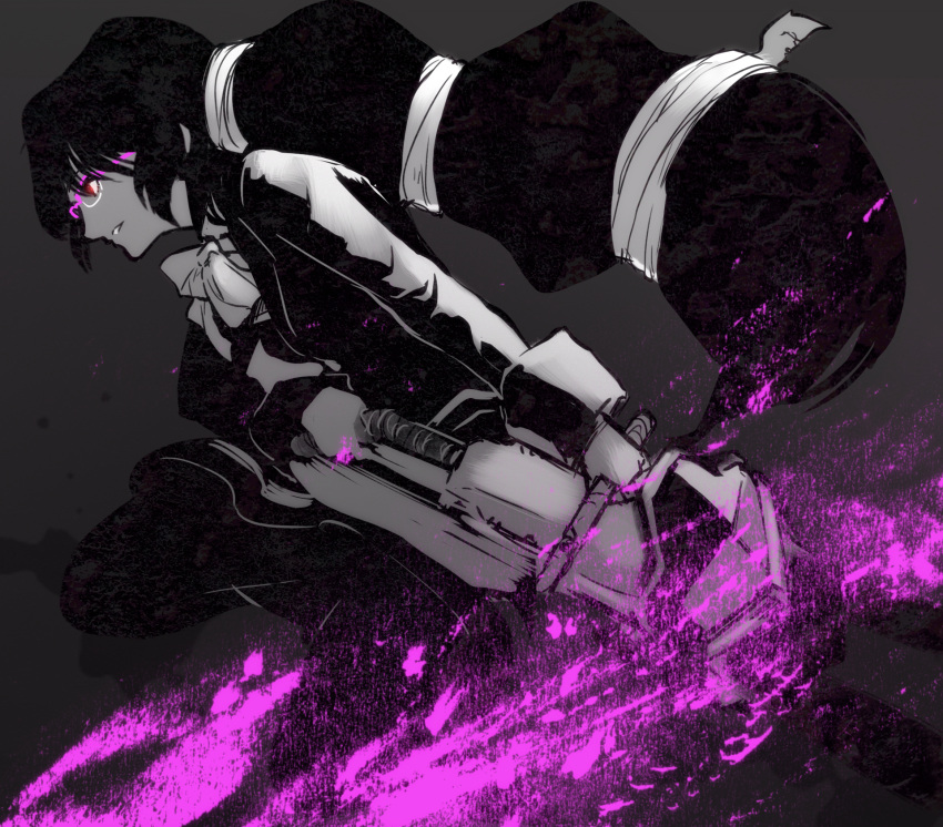 1girl, big_hair, black_hair, blood, blood_splatter, bound_hair, bow, chainsaw, character_request, copyright_request, dark, glasses, grey_background, highres, long_hair, over-rim_glasses, poaro, purple-framed_eyewear, purple_blood, red_eyes, semi-rimless_glasses, simple_background, sketch, solo, spot_color, texture, very_long_hair