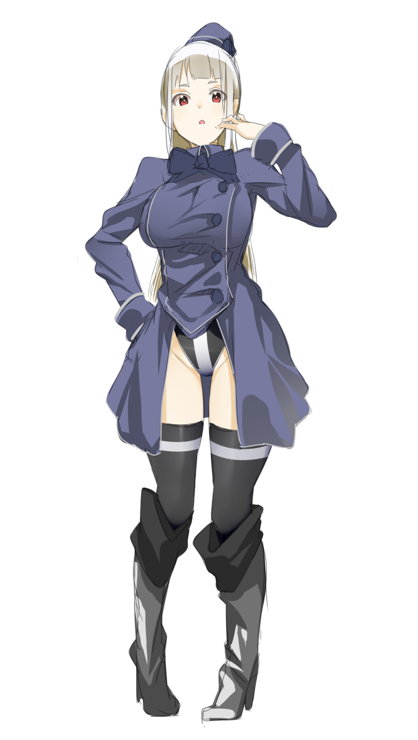 1girl, :o, bangs, black_legwear, black_leotard, blue_hat, blunt_bangs, boots, breasts, double_breasted, full_body, hand_up, hat, high_heel_boots, high_heels, highres, hips, knee_boots, large_breasts, leotard, long_hair, looking_at_viewer, manabebebe, open_mouth, original, red_eyes, sidelocks, simple_background, solo, standing, thigh-highs, thighs, uniform, white_background