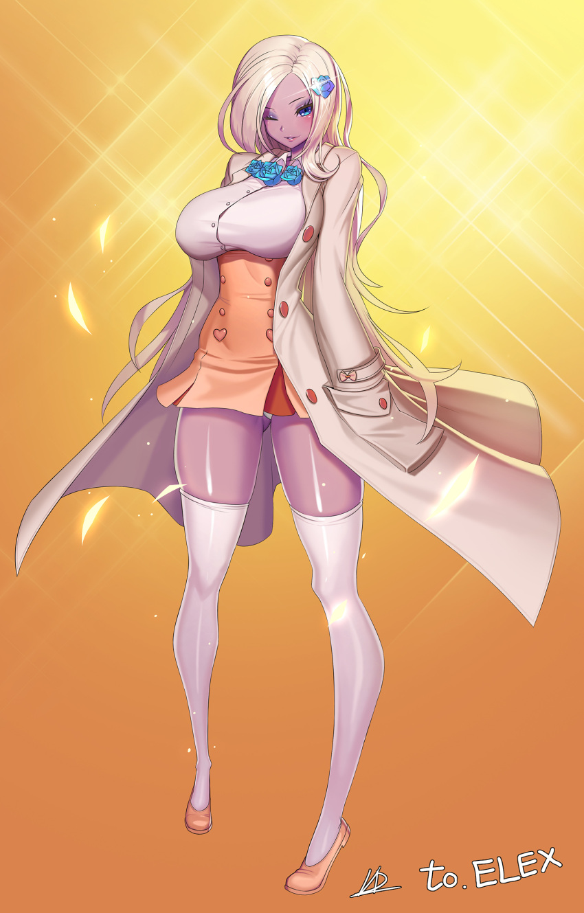 1girl, ;), blonde_hair, blue_eyes, blue_rose, breasts, coat, cosplay