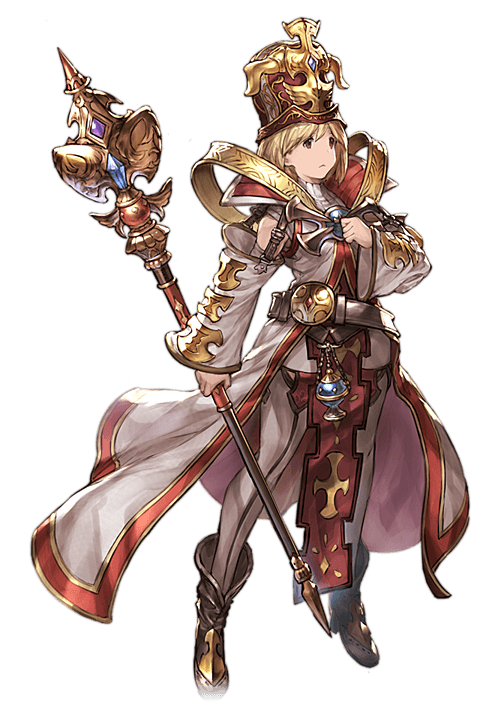 1girl, alpha_transparency, bishop_(granblue_fantasy), blonde_hair, bob_cut, boots, brown_eyes, coat, djeeta_(granblue_fantasy), full_body, granblue_fantasy, hand_on_own_chest, minaba_hideo, mitre, open_mouth, pantyhose, scepter, solo, tabard, transparent_background, white_legwear