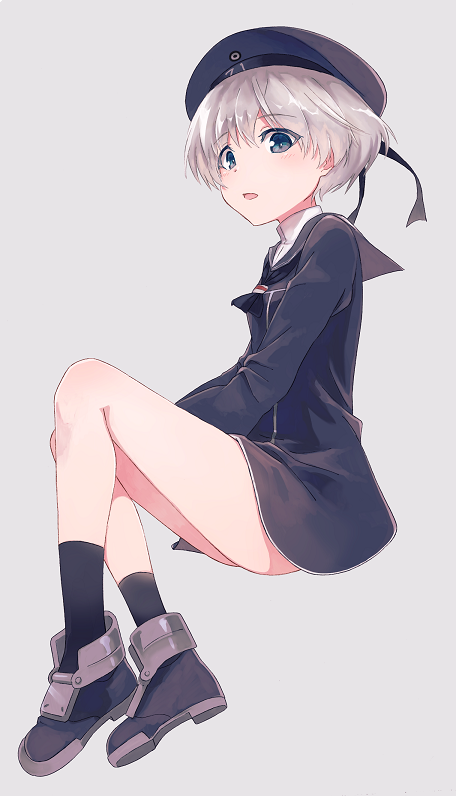 1girl, asaoka_(0x0), black_legwear, blue_eyes, clothes_writing, dress, grey_background, hat