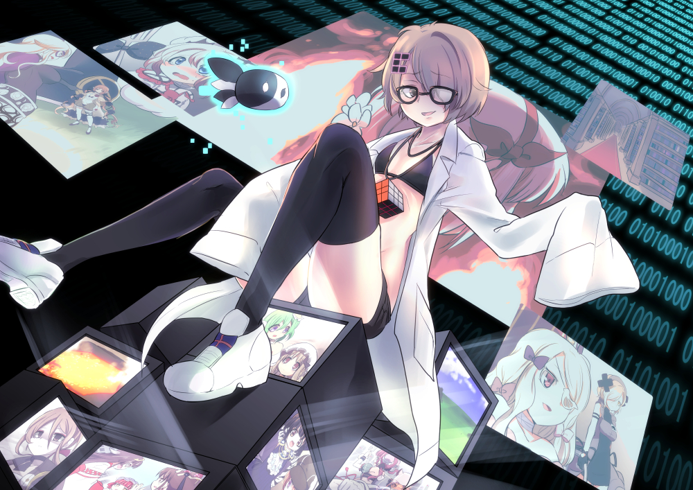 1girl, :d, @nyannyan, akane_(mahoiku), binary, black-framed_eyewear, black_bikini_top, black_bow