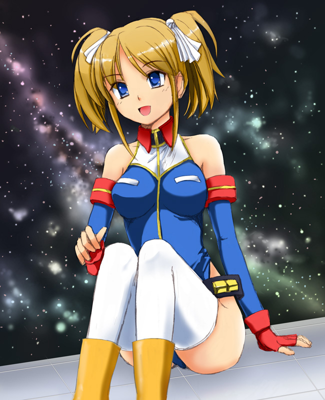 1girl, blonde_hair, blue_eyes, breasts, fingerless_gloves, gloves, gundam, gundam_card_builder
