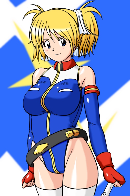 1girl, blonde_hair, breasts, fingerless_gloves, gloves, gundam, gundam_card_builder, highleg