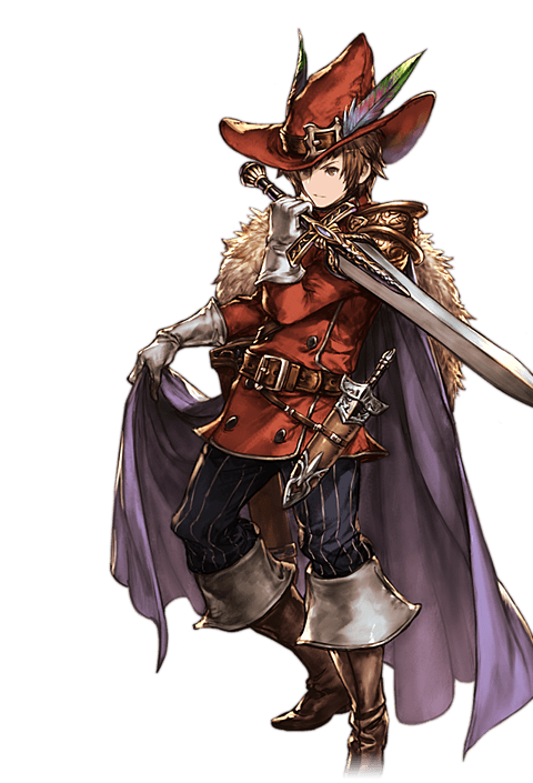 1boy, alpha_transparency, arcane_sword_(granblue_fantasy), boots, brown_eyes, brown_hair, cape, cape_lift, coat, contrapposto, full_body, gloves, gran_(granblue_fantasy), granblue_fantasy, hat, hat_feather, leather, leather_boots, male_focus, minaba_hideo, official_art, short_hair, solo, sword, transparent_background, weapon, white_gloves