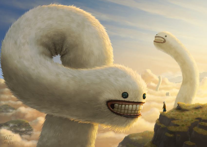 absurdres, andrew_mcintosh, black_eyes, blue_skirt, clouds, commentary, creature, dated, day, fur, grass, highres, looking_at_another, number, original, outdoors, signature, skirt, sky, standing, teeth, what, white_hair, worms