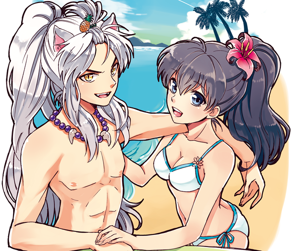 1boy, 1girl, alternate_hairstyle, animal_ears, beach, bikini, black_hair, blue_eyes