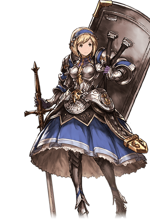 1girl, alpha_transparency, armor, armored_dress, blonde_hair, carrying_over_shoulder, djeeta_(granblue_fantasy), fortress_(granblue_fantasy), full_body, granblue_fantasy, hairband, minaba_hideo, official_art, shield, solo, sword, transparent_background, weapon