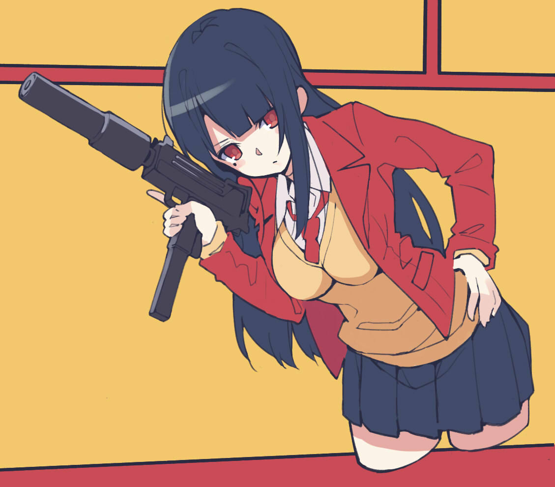 akagawa007, black_hair, breasts, gun, hand_on_hip, hanging_breasts, hime_cut, jacket
