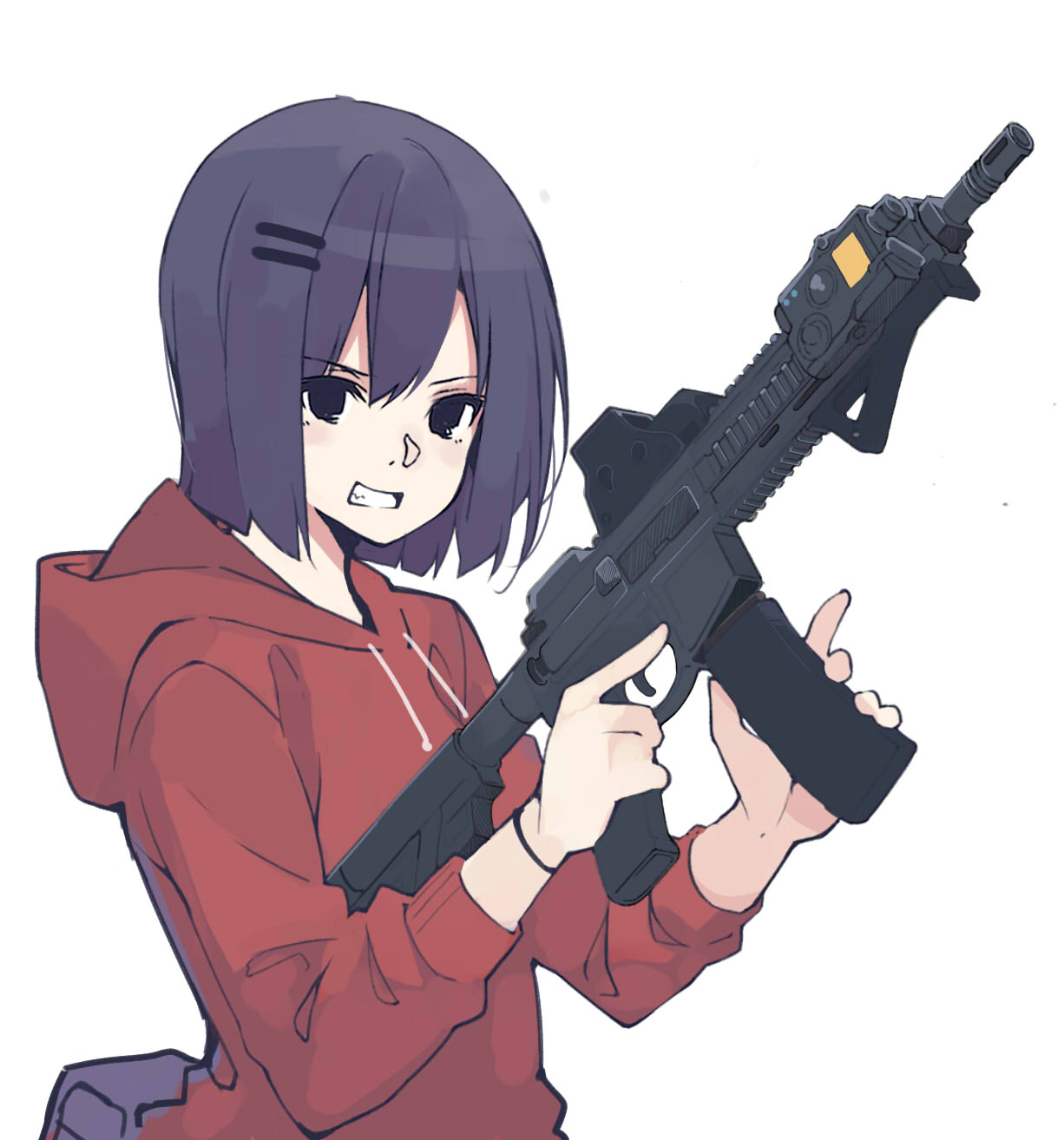 akagawa007, ar-15, bag, bracelet, grin, gun, hair_ornament, hairclip