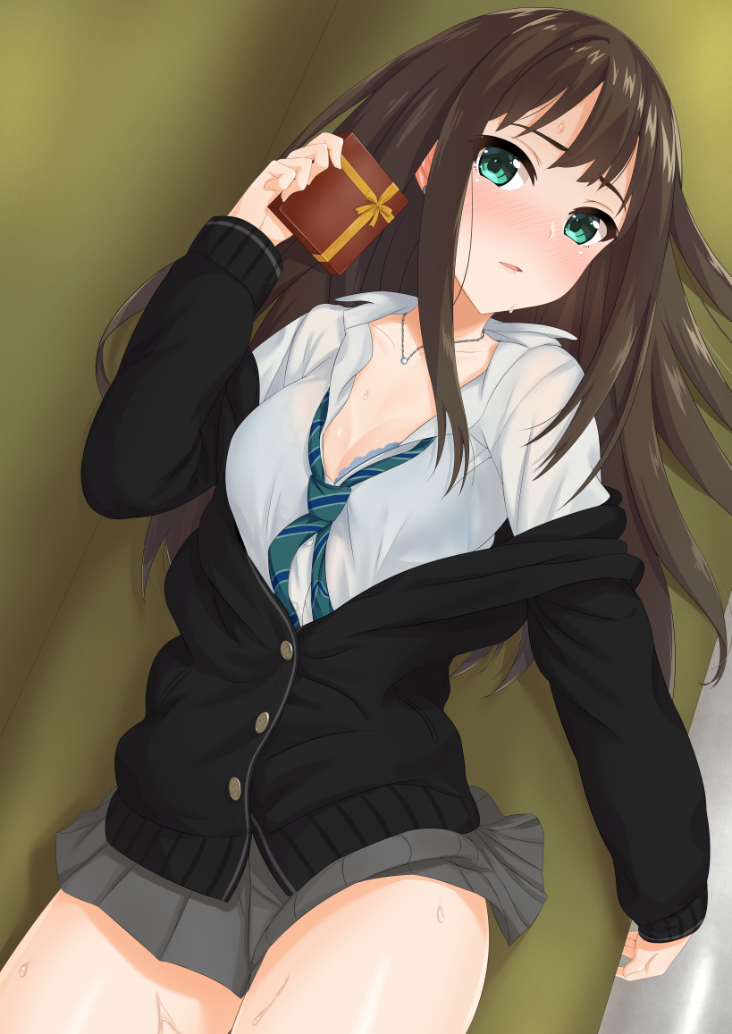 1girl, blush, bra, breasts, brown_hair, cardigan, cleavage, gift, green_eyes, holding, holding_gift, idolmaster, idolmaster_cinderella_girls, jewelry, long_hair, looking_at_viewer, lying, miyazumy, necklace, necktie, on_back, school_uniform, shibuya_rin, skirt, solo, unbuttoned, unbuttoned_shirt, underwear