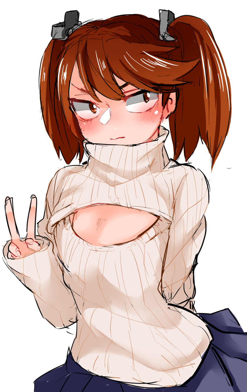 1girl, 3:<, arm_behind_back, blush, breasts, brown_eyes, brown_hair, cleavage_cutout