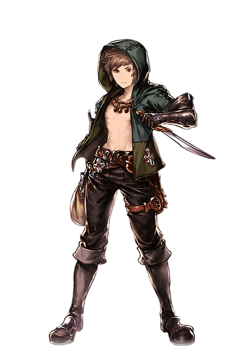 1boy, alpha_transparency, boots, brown_eyes, brown_hair, full_body, gauntlets, gran_(granblue_fantasy), granblue_fantasy, hood, jacket, leather, leather_boots, male_focus, minaba_hideo, official_art, open_clothes, open_jacket, pants, sack, solo, thief_(granblue_fantasy), thigh_strap, transparent_background