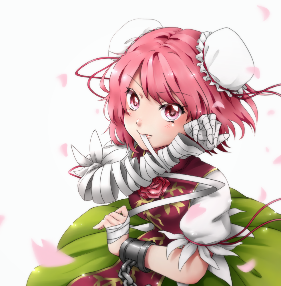 1girl, bandaged_arm, chains, cherry_blossoms, cuffs, double_bun, green_skirt, ibaraki_kasen, looking_at_viewer, momo-nora, mouth_hold, petals, pink_eyes, pink_hair, pink_rope, puffy_short_sleeves, puffy_sleeves, rope, shackles, shirt, short_hair, short_sleeves, simple_background, skirt, solo, tabard, touhou, white_background, white_shirt, wind