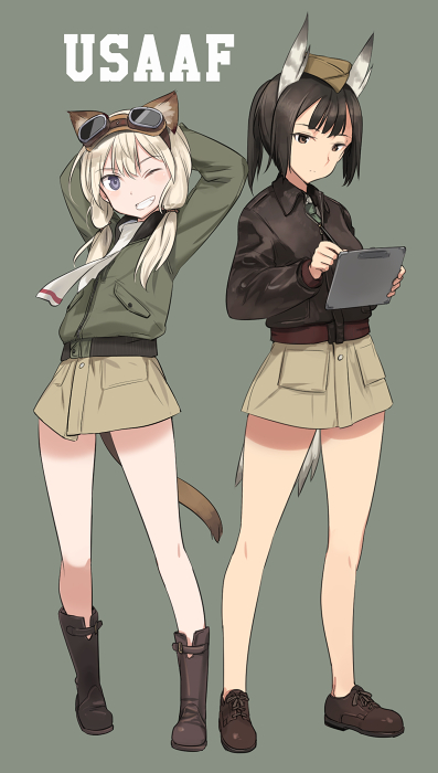 2girls, animal_ears, arms_behind_head, arms_up, bangs, black_hair, blonde_hair, boots