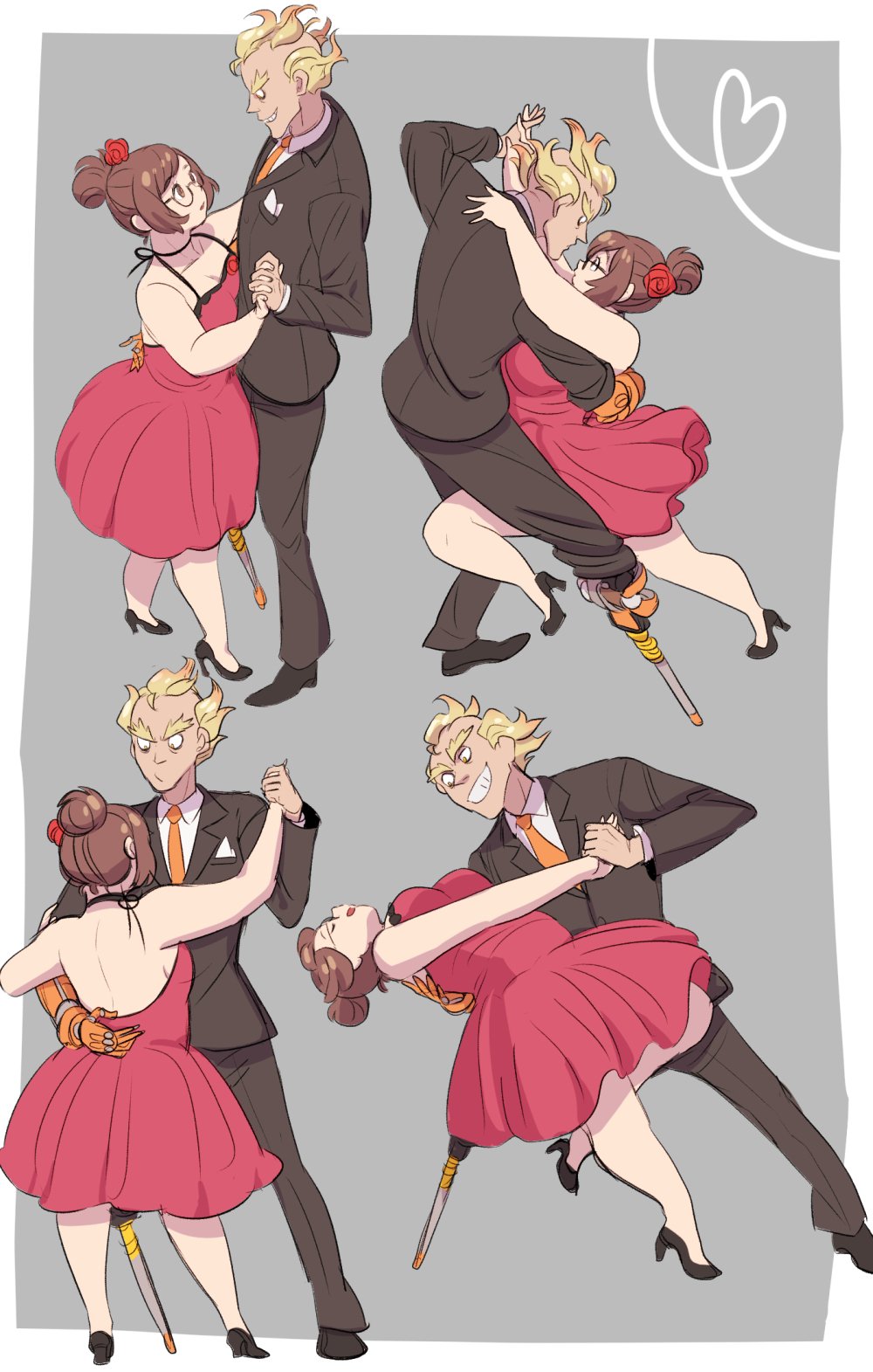 1boy, 1girl, black_jacket, black_pants, black_shoes, blonde_hair, brown_hair, curvy, dancing, dress, flower, glasses, grey_background, grin, hair_bun, hair_flower, hair_ornament, height_difference, high_heels, highres, jacket, jocheong, junkrat_(overwatch), long_sleeves, mei_(overwatch), necktie, open-back_dress, orange_necktie, overwatch, pants, pink_dress, prosthesis, prosthetic_leg, red_rose, rose, shoes, smile, tuxedo, yellow_eyes