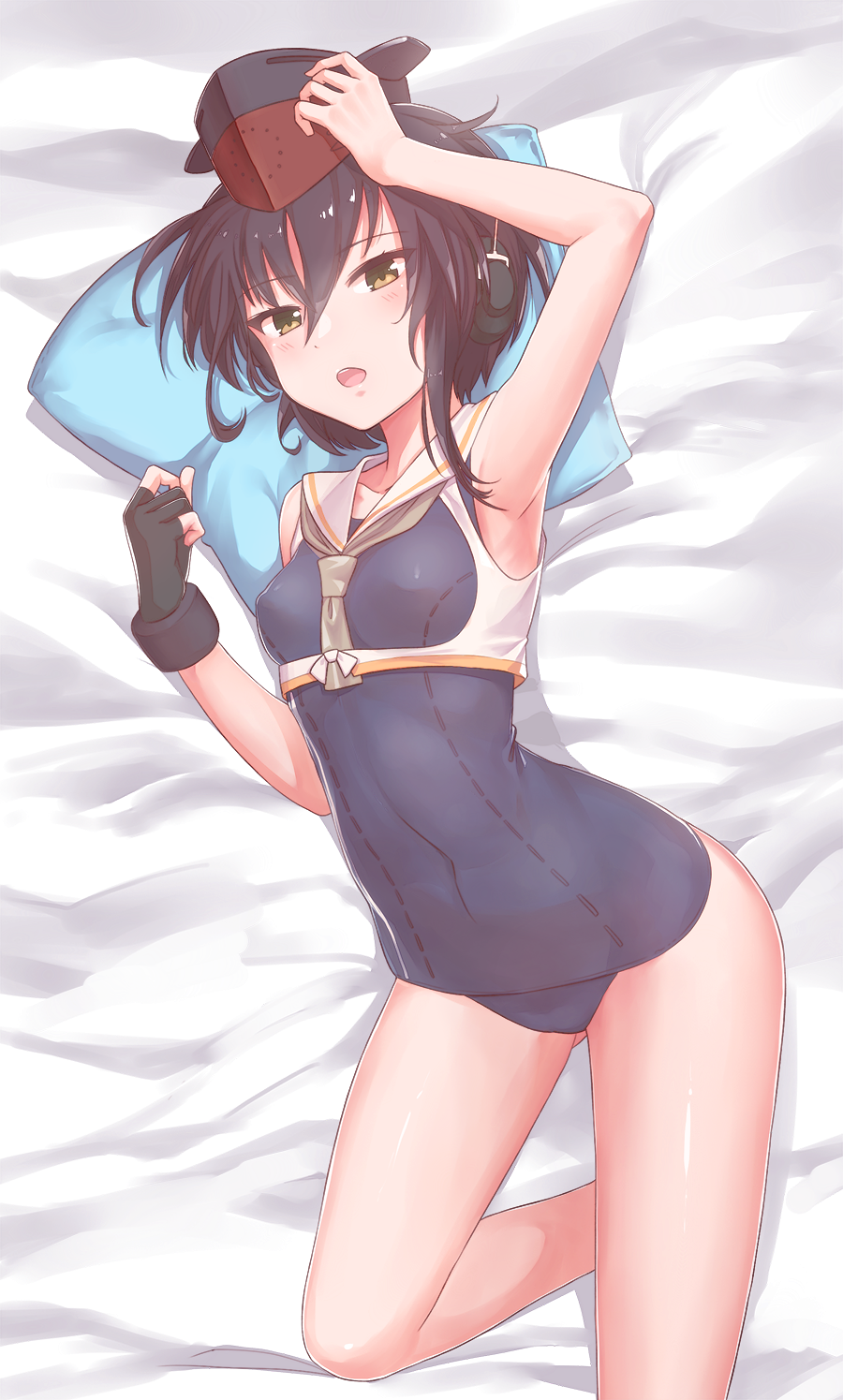 1girl, :o, arm_up, armpits, bare_arms, bare_shoulders, bed_sheet, black_gloves, black_hair, black_hat, blue_swimsuit, breasts, brown_eyes, collarbone, covered_navel, crossover, erect_nipples, error, eyebrows_visible_through_hair, framed_breasts, gloves, hair_between_eyes, hat, highres, i-13_(kantai_collection), kantai_collection, konnyaku_(kk-monmon), lying, medium_breasts, nippleless_clothes, on_back, one-piece_swimsuit, partly_fingerless_gloves, pillow, sailor_collar, shiny, shiny_skin, shirt, single_glove, skin_tight, sleeveless, sleeveless_shirt, small_breasts, swimsuit