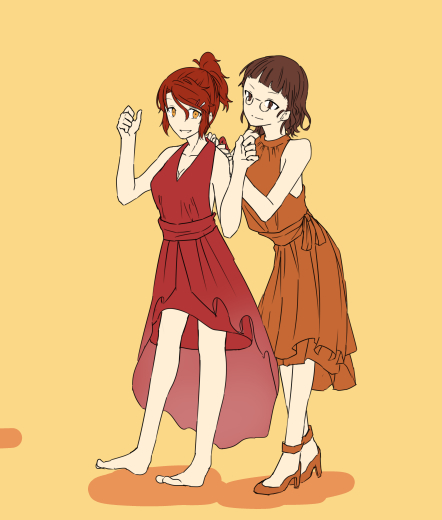 2girls, alternate_costume, aquila_(kantai_collection), bangs, blunt_bangs, collarbone, dress, glasses, hair_ornament, hairclip, high_heels, high_ponytail, kantai_collection, long_hair, multiple_girls, orange_hair, pince-nez, roma_(kantai_collection), saki_tsurugi, shadow, short_hair, smile, wavy_hair
