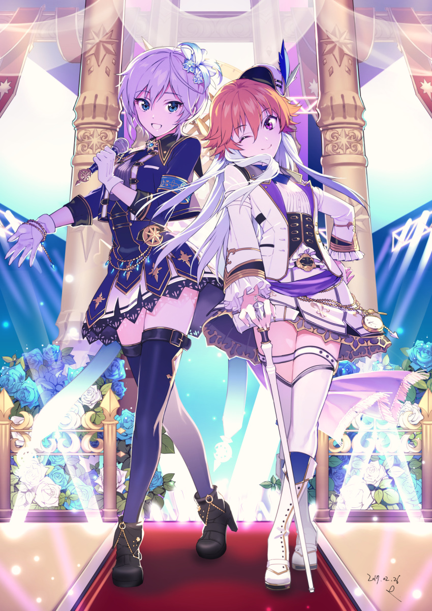 2017, anastasia_(idolmaster), blue_eyes, cane, dated, ecoliff, feathers, flower, gloves, hair_ornament, hat, highres, holding, holding_microphone, idolmaster, idolmaster_cinderella_girls, idolmaster_cinderella_girls_starlight_stage, jewelry, long_hair, microphone, multicolored_hair, multiple_girls, necktie, ninomiya_asuka, one_eye_closed, orange_hair, pillar, pocket_watch, silver_hair, skirt, smile, stage_lights, thigh-highs, vest, violet_eyes, watch, white_hair, zettai_ryouiki