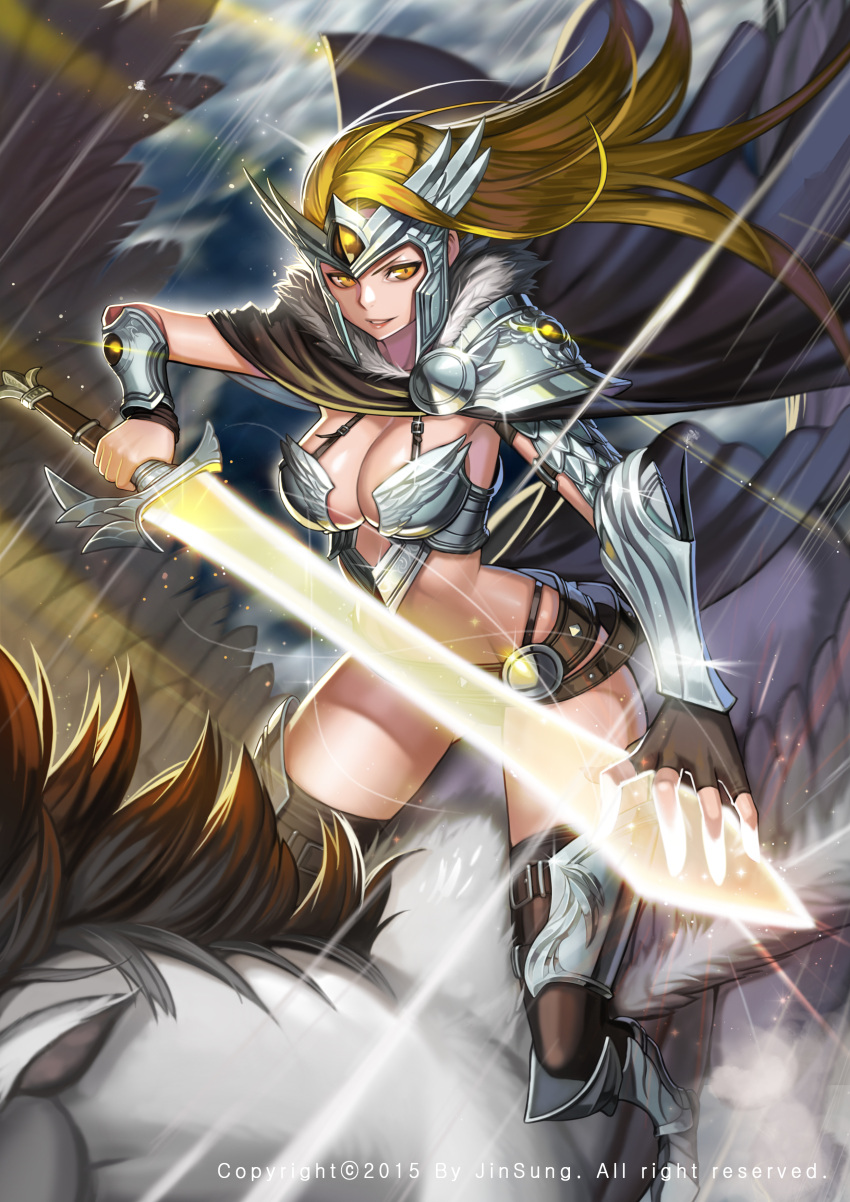 1girl, absurdres, armor, belt, bikini_armor, black_gloves, black_legwear, blonde_hair