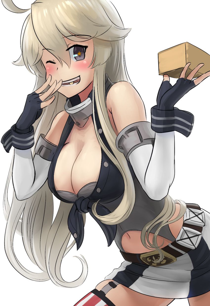 1girl, ao_iro, beans, belt, blonde_hair, eating, elbow_gloves, fingerless_gloves
