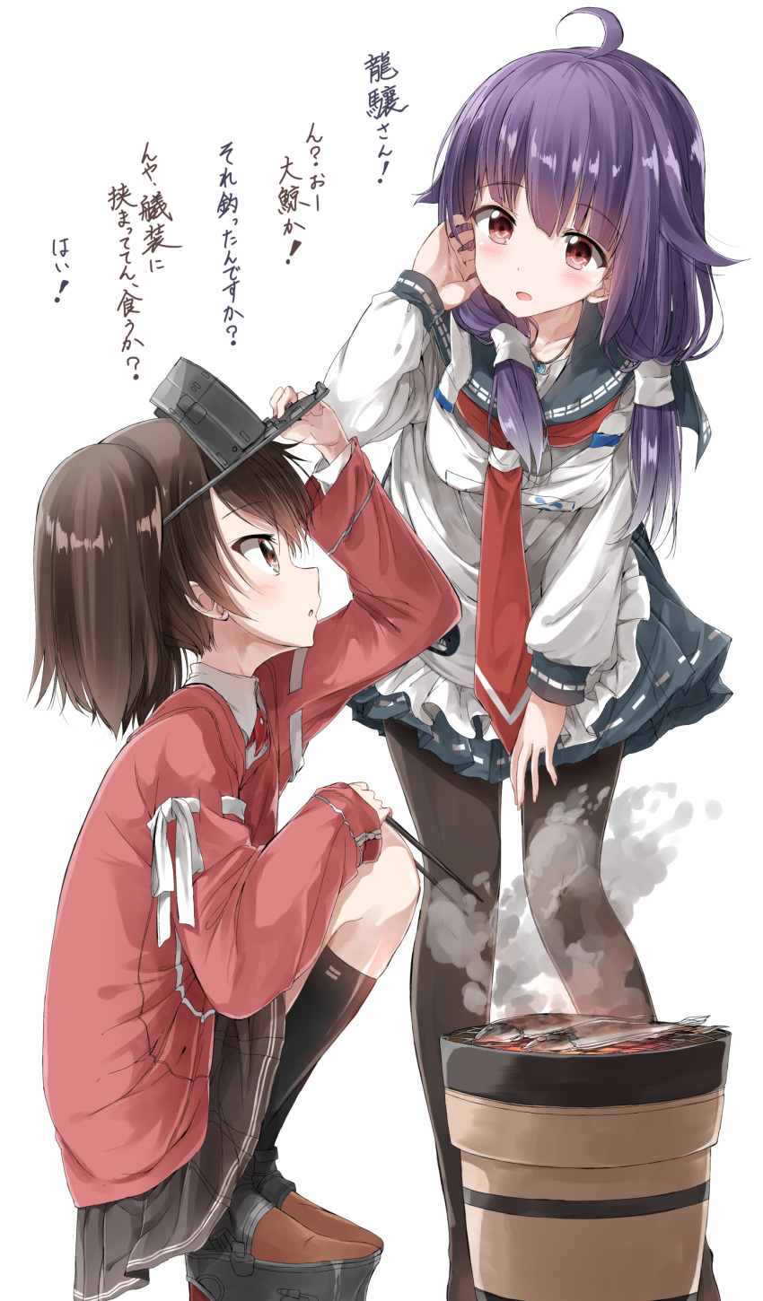 2girls, absurdres, ahoge, black_legwear, black_skirt, brown_eyes, brown_hair, chopsticks