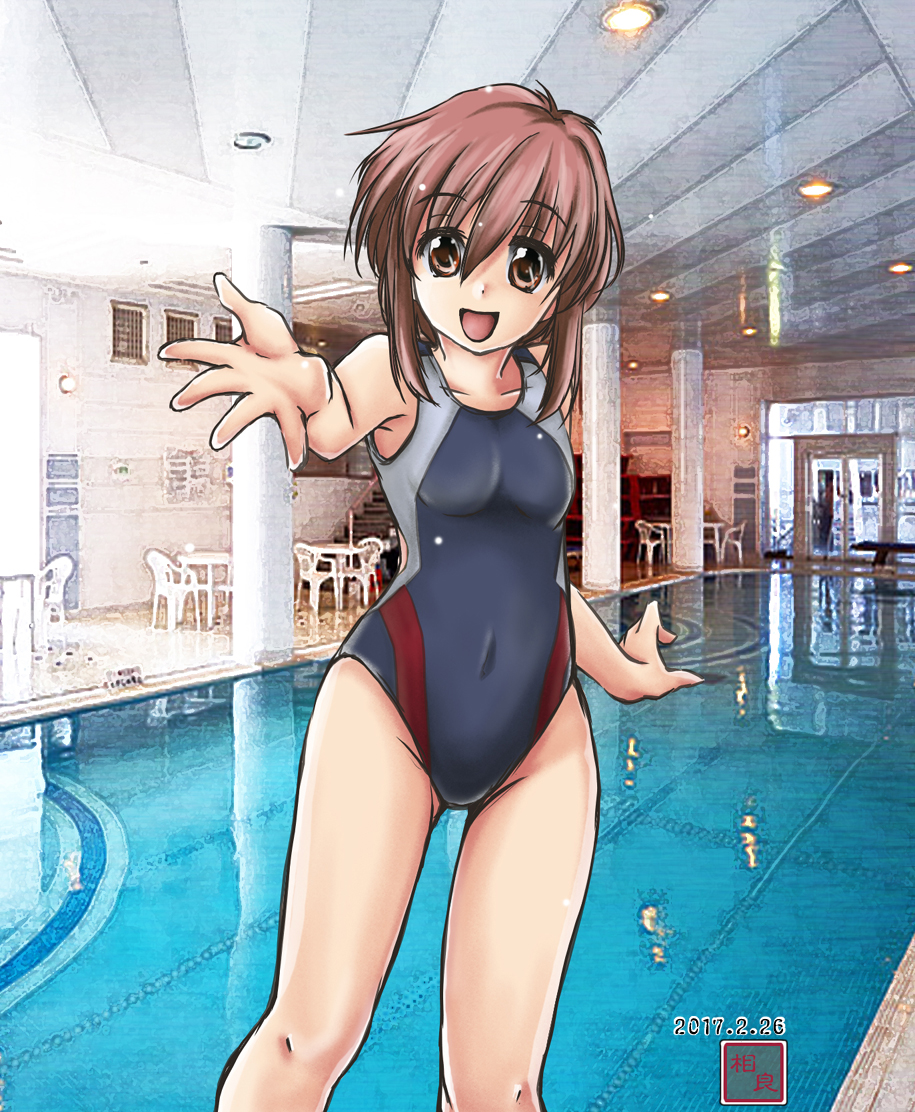 1girl, brown_eyes, brown_hair, competition_swimsuit, covered_navel, cowboy_shot, foreshortening, grey_swimsuit