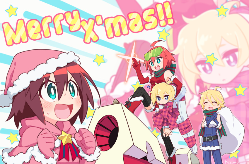 2boys, 2girls, alpha_omega_nova, aqua_eyes, blue_eyes, blush, bright_pupils, brown_hair