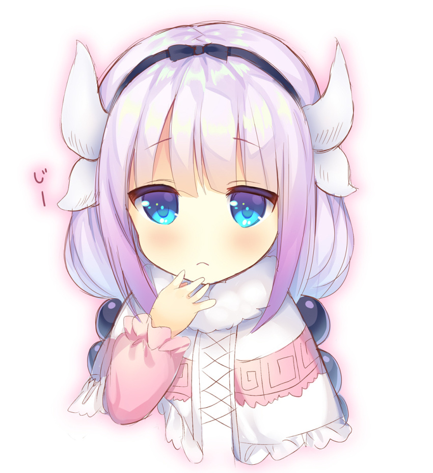 1girl, blue_eyes, blush, hair_ribbon, hand_to_own_mouth, highres, horns, kanna_kamui