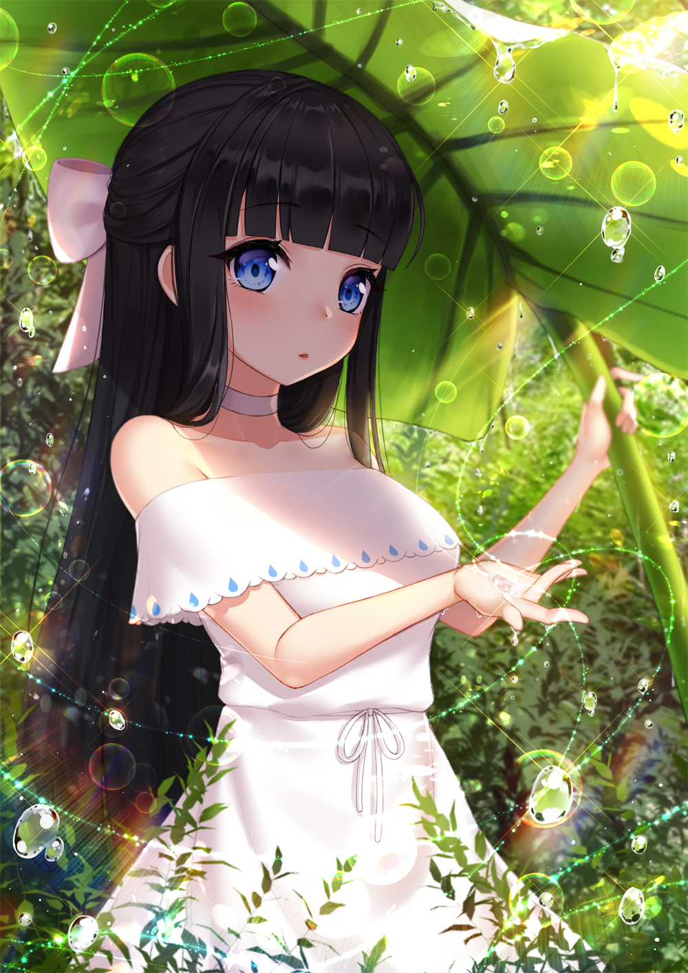 1girl, air_bubble, ango, bangs, bare_shoulders, black_hair, blue_eyes, blunt_bangs