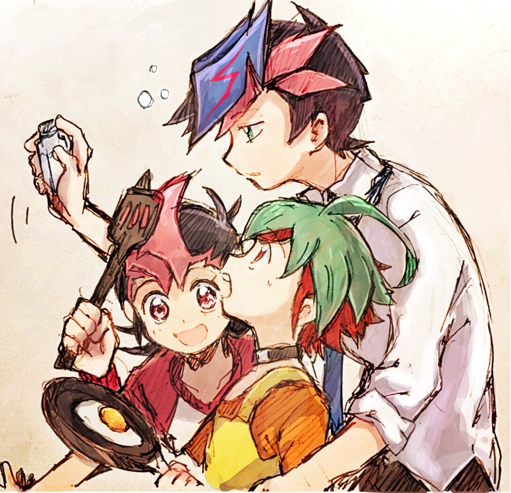 3boys, ahoge, apron, black_hair, blue_hair, child, egg, frying_pan