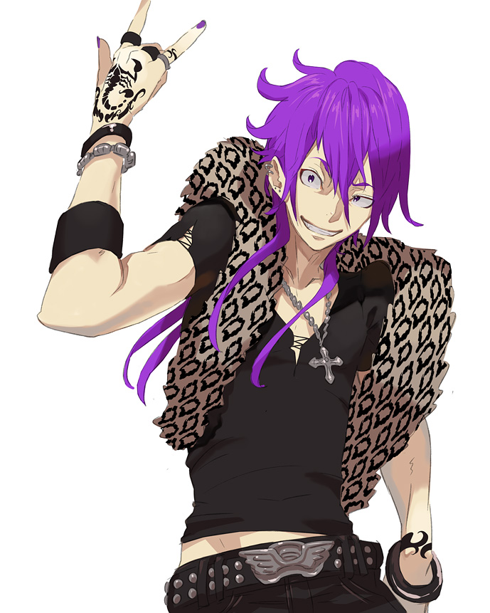 \m/, \n/, belt, bracelet, cool, cross, fashion, ginsyari, grin, jewelry, male, necklace, original, piercing, purple_hair, ring, smile, stylish, tattoo, vest