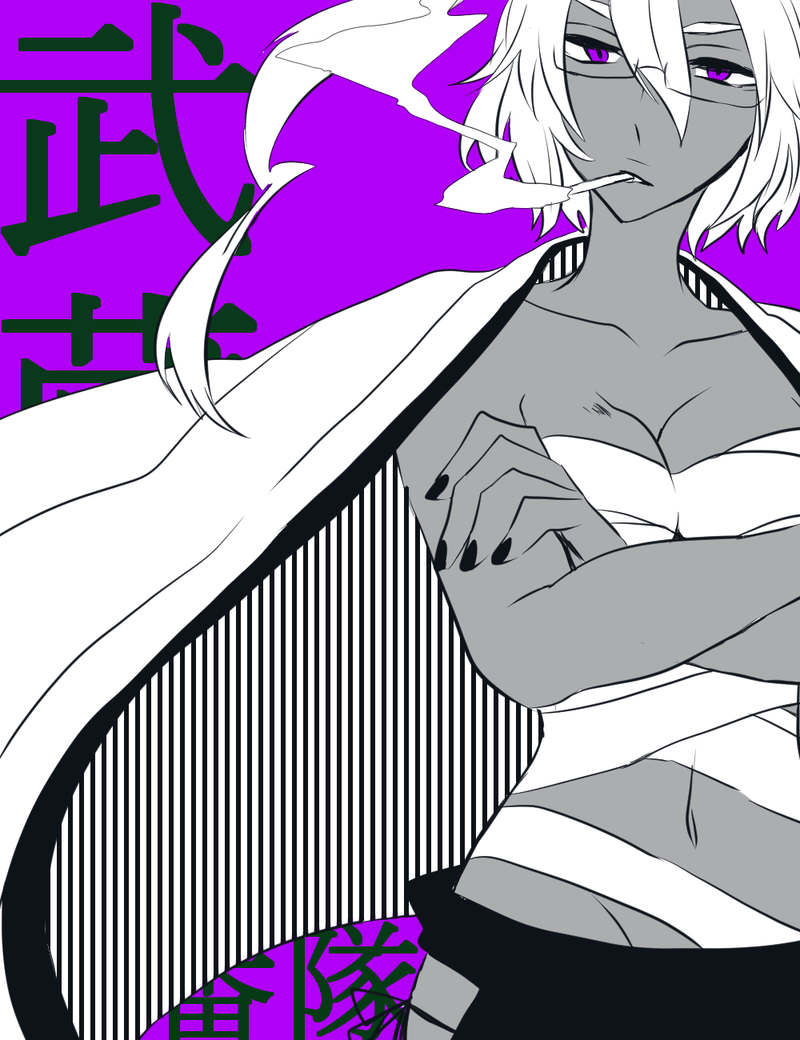 1girl, bleach, breasts, budget_sarashi, cigarette, cleavage, collarbone, crossed_arms