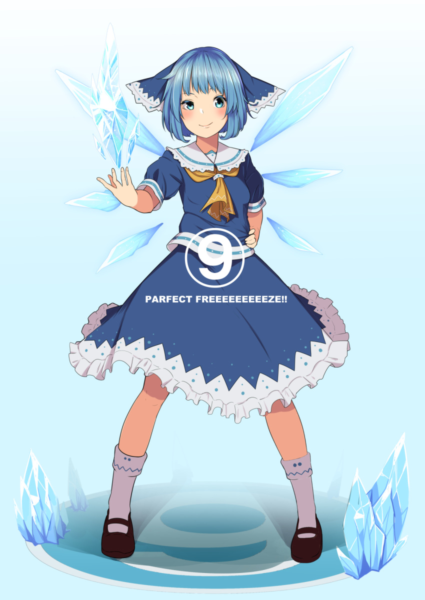 (9), 1girl, adapted_costume, ascot, blue_eyes, blue_hair, bow, cirno