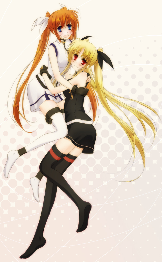 2girls, arms_around_waist, bare_arms, black_legwear, black_ribbon, blonde_hair, blush, bow, brown_hair, fate_testarossa, hachikei, hair_bow, hug, long_hair, lyrical_nanoha, mahou_shoujo_lyrical_nanoha, mahou_shoujo_lyrical_nanoha_strikers, multiple_girls, polka_dot, polka_dot_background, red_eyes, ribbon, smile, takamachi_nanoha, thigh-highs, thighs, twintails, violet_eyes, white_legwear, white_ribbon, wife_and_wife, yuri